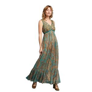 Anthropologie Ranna Gill Turquoise Tan Gold Beaded Paisley Maxi Dress Size 2
